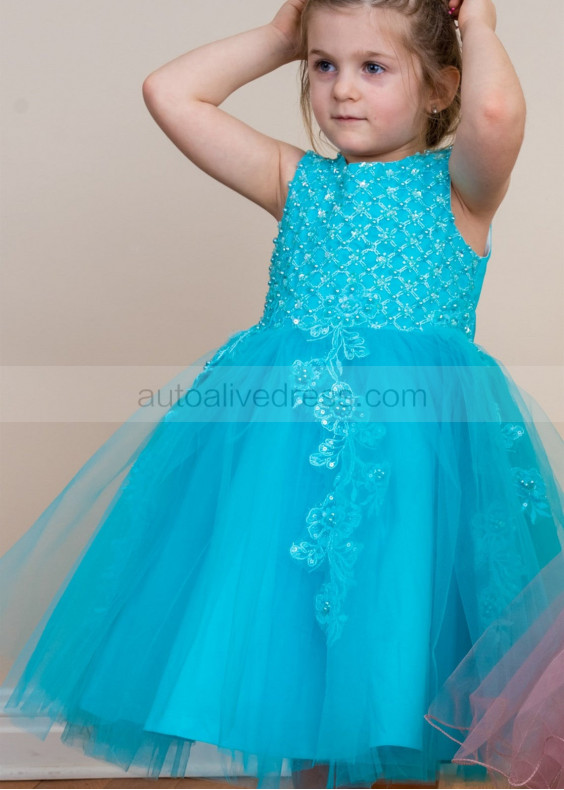 Beaded Turquoise Lace Tulle Tea Length Flower Girl Dress